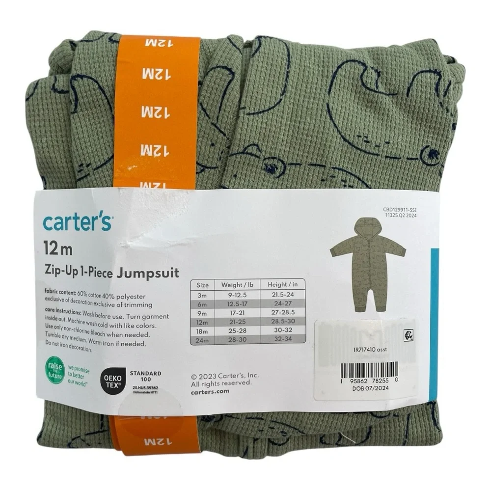 Carter's Zip Up 1 Piece Jumpsuit Green Bear Print Size 12M NWT - Picture 2 of 4
